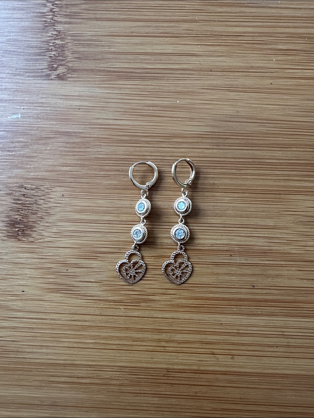 Gold Heart Drop Earrings with Sparkling Stones - Gold